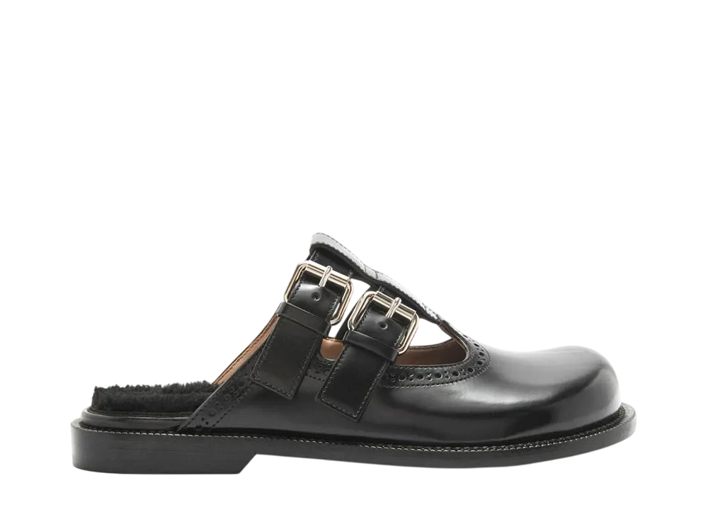 ロエベ ウィメンズ カンポ メリージェーン ミュール ブラッシュドカーフ&シアリング "ブラック"