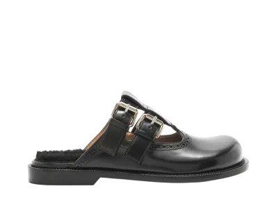 LOEWE Women's Campo Mary Jane mule in brushed calfskin and shearling "Black"
