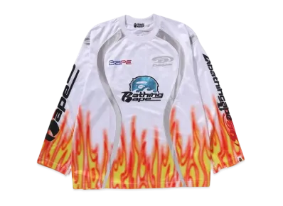 A BATHING APE Flame Pattern Multilogo Relaxed Fit Football Jersey "White"