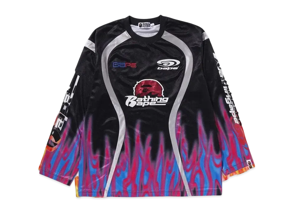 A BATHING APE Flame Pattern Multilogo Relaxed Fit Football Jersey "Black"