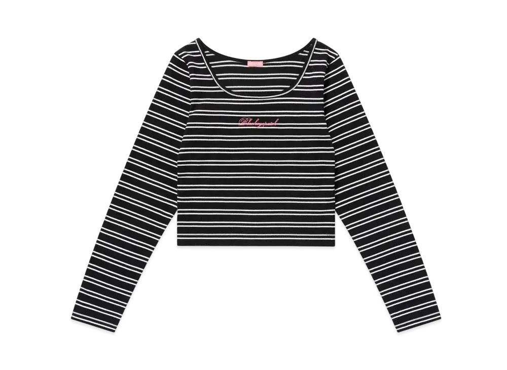BlackEyePatch Striped Square Neck Cropped L/S Tee "Black"