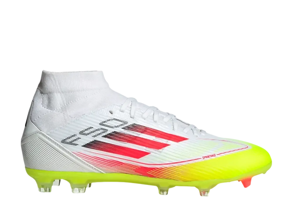 adidas Women's F50 League Mid-Cut Firm/Multi-Ground Cleats "Cloud White/Lucid Red/Solar Yellow"