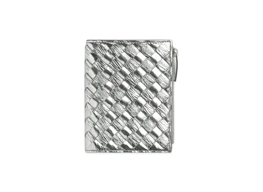 Bottega Veneta Intrecciato Lambskin Small Bi-fold Zippered Wallet "Silver"