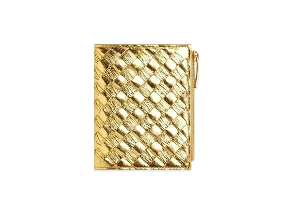 Bottega Veneta Intrecciato Lambskin Small Bi-fold Zippered Wallet "Gold"