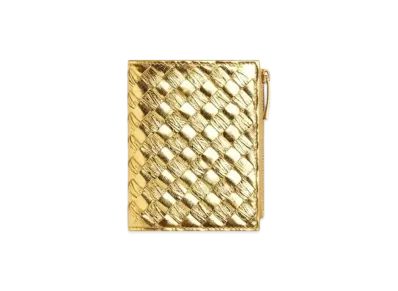 Bottega Veneta Intrecciato Lambskin Small Bi-fold Zippered Wallet "Gold"