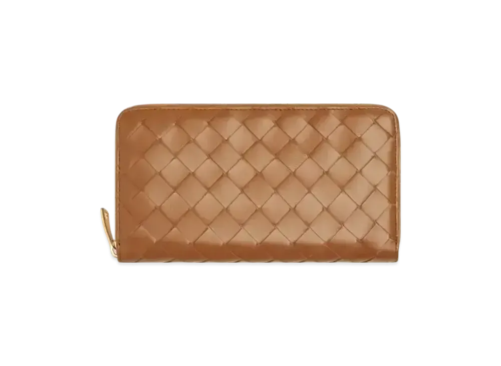 Bottega Veneta Intrecciato Lambskin Zip Around Wallet "Wood"