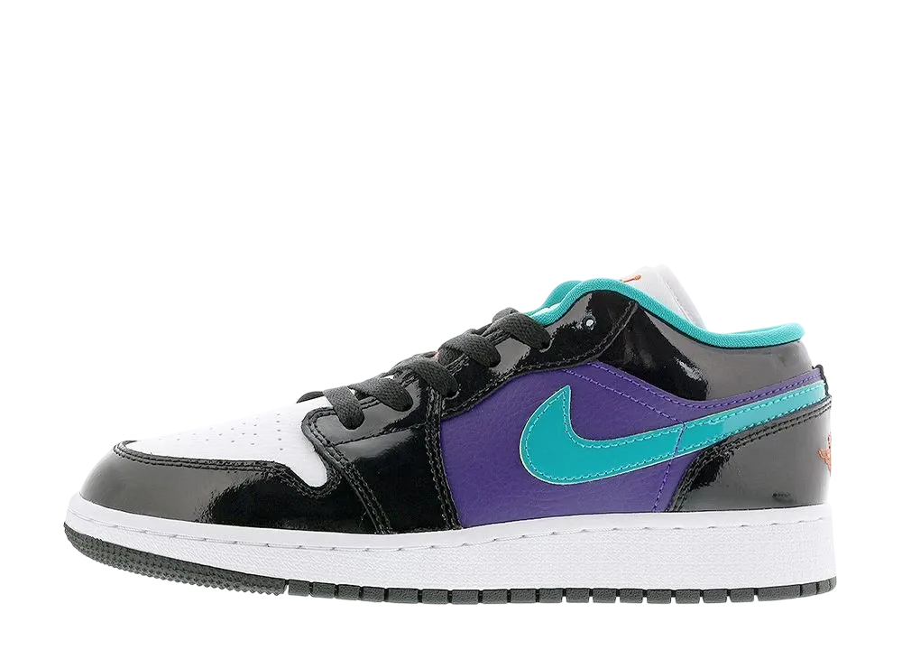 ナイキ エアジョーダン1 ロー "ブラック コート パープル ターボ グリーン (GS)"