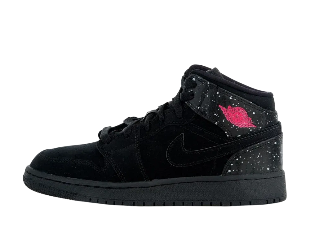 Nike GS Air Jordan 1 Mid "Black/Rush Pink/White Splatter"