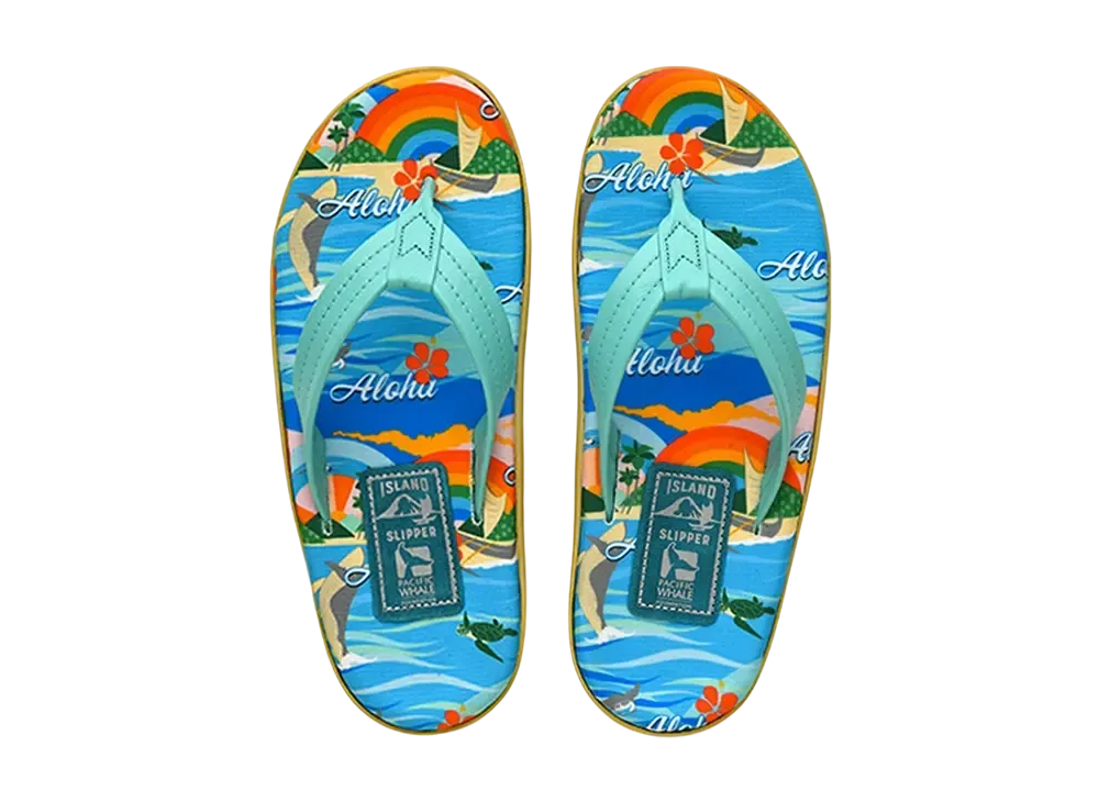 ISLAND SLIPPER Fabric Insole Leather Strap "Aloha Whale/Capri"19PTLF202
