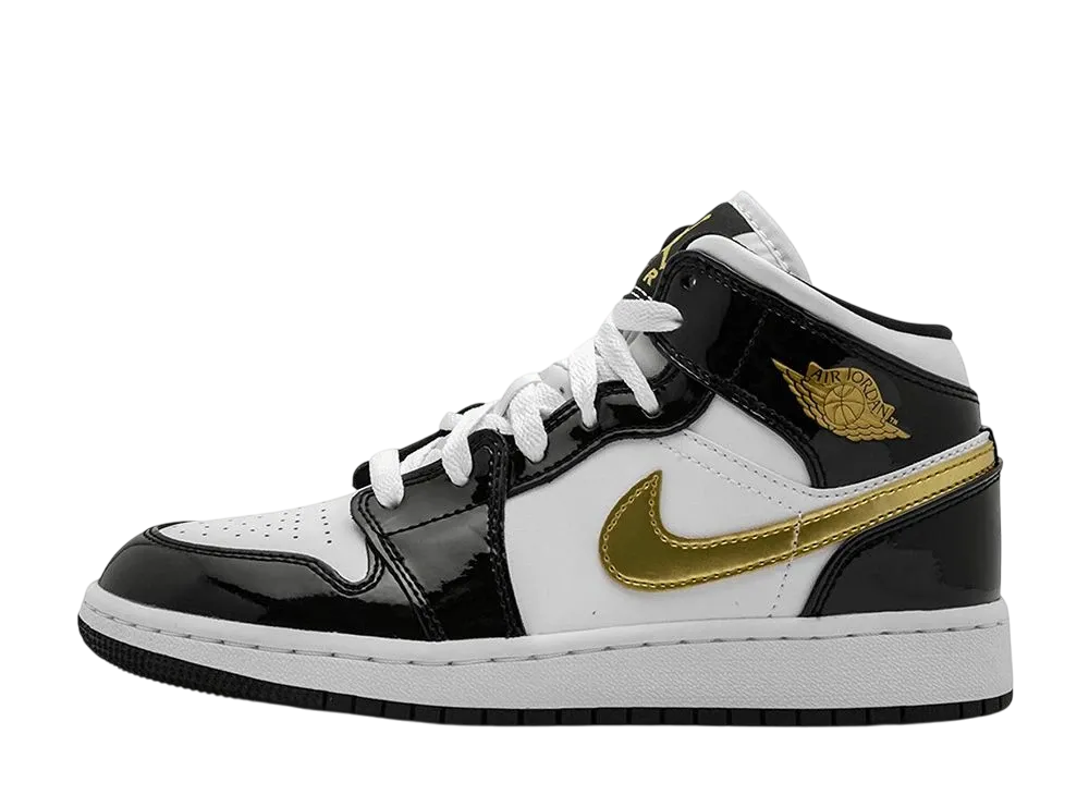 ナイキ GS エアジョーダン1 ミッド "パテント ブラック ホワイト ゴールド"