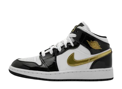 ナイキ GS エアジョーダン1 ミッド "パテント ブラック ホワイト ゴールド"