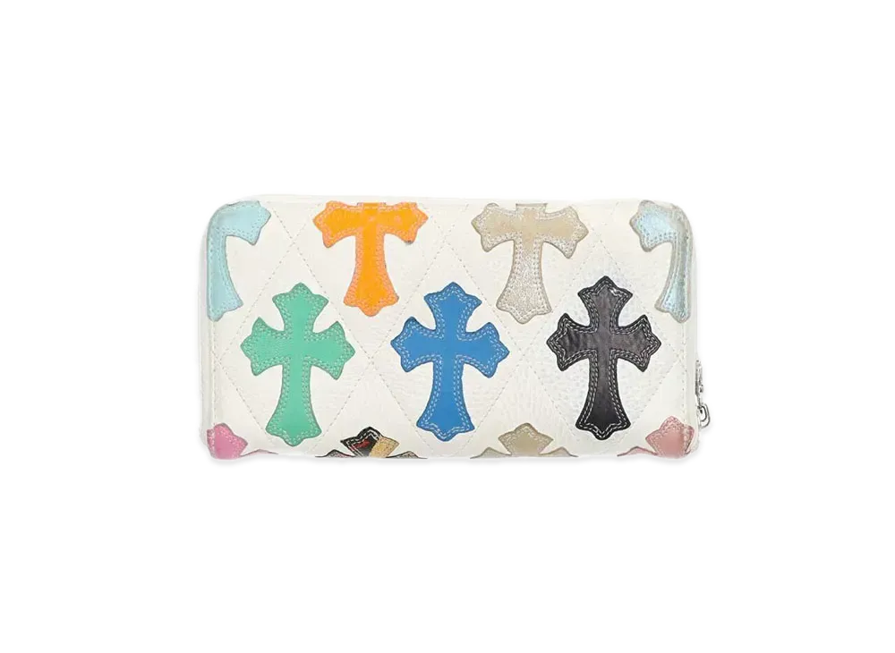Chrome Hearts REC F Zip Cross Patch Quilting Leather Wallet "White/Multi Color"