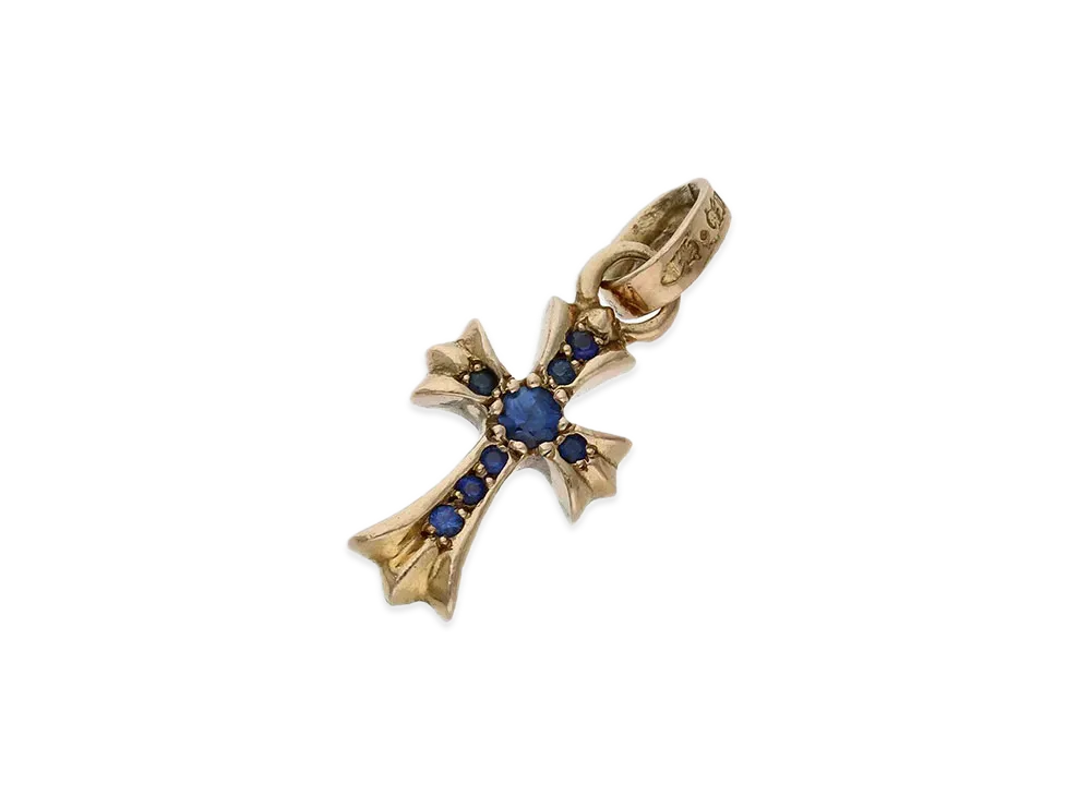 Chrome Hearts 22K Cross Baby Fat Pave Sapphire Charm "Yellow Gold/Blue"