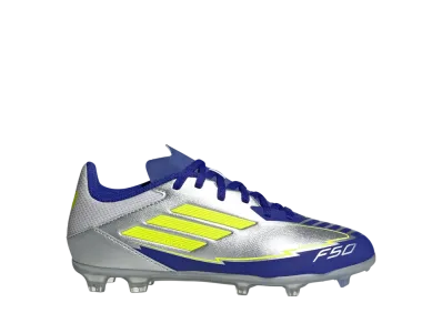 adidas GS F50 League Messi FG Cleats "Silver Metallic/Solar Yellow/Lucid Blue"