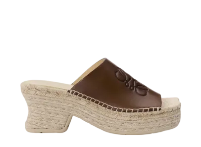 LOEWE Women's Petal Espadrille Platform Slide in Vegetable Tanned Calfskin "Brown"