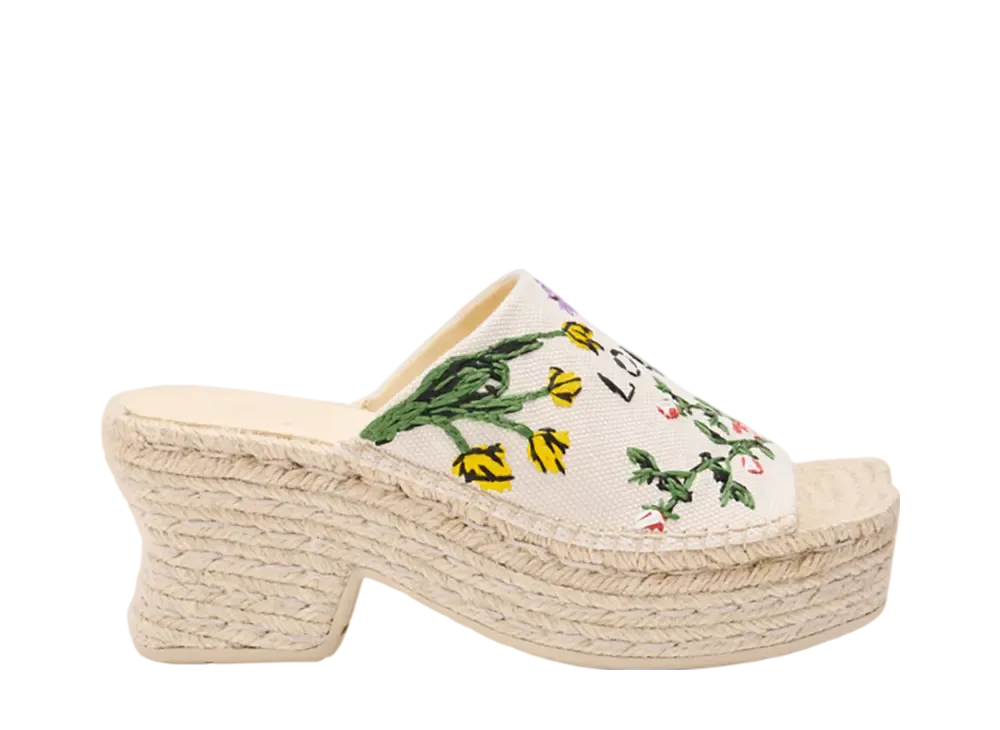 ロエベ ウィメンズ ペタル エスパドリーユ プラットフォーム スライド エンブロイダリーキャンバス "クリーム/マルチカラー"