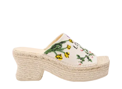 LOEWE Women's Petal Espadrille Platform Slide in embroidered canvas "Cream/Multicolor"