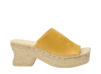 LOEWE Women's Petal Espadrille Platform Slide in Vegetable Tanned Calfskin "Ocher"