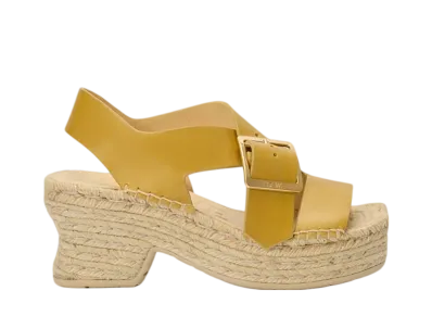 LOEWE Women's Petal Espadrille Platform Slide in Vegetable Tanned Calfskin "Ocher"