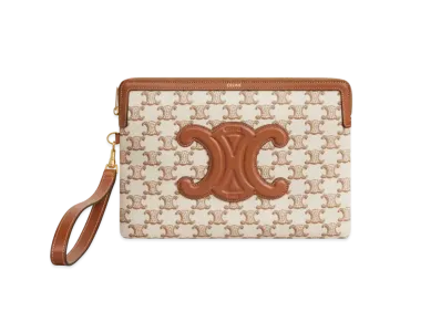 CELINE Small Pouch with Strap in Textile with Triomphe Print and Calfskin "White"