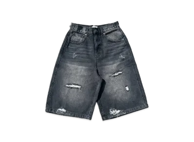 9090 King Logo Damage Buggy Jorts "SLUB BLACK"