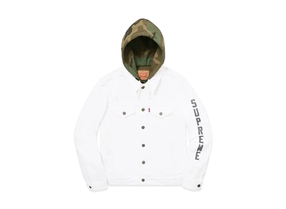 Supreme x LEVI'S Custom Fit Fleece Hooded Trucker Jacket "White/Woodland Camo"