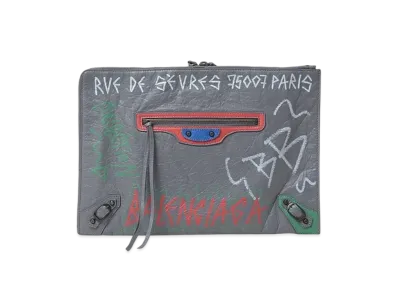 BALENCIAGA Leather City Graffiti Clutch Bag "Grey/Red/Blue/Green/White"