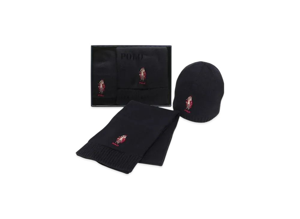 Polo Ralph Lauren Kids 1-PC Box Set Cotton Knit Novelty Bear Graphic Scarf "Navy"