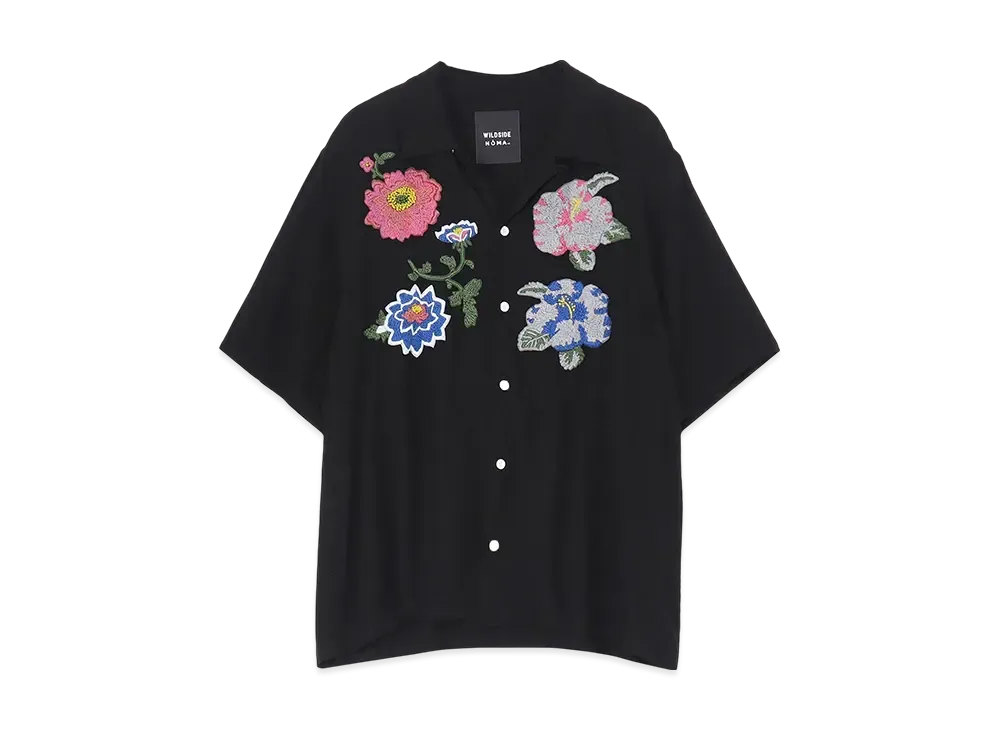 WILDSIDE Yohji Yamamoto x NOMARHYTHM TEXTILE Flower Embroidery Open Collar Shirt "Black"