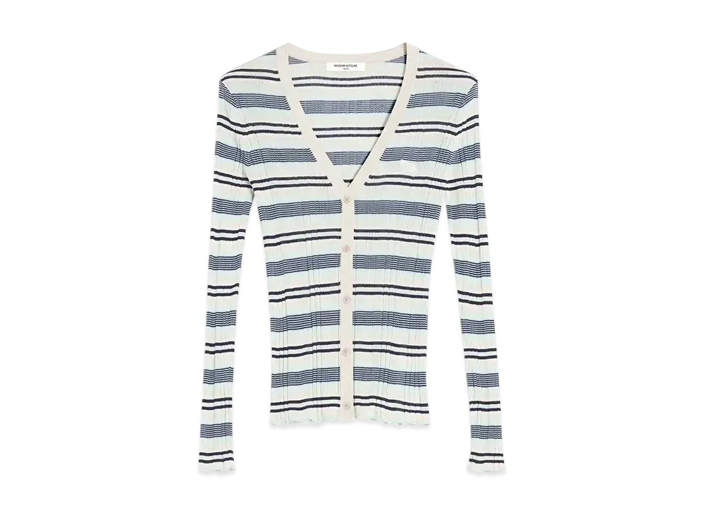 Maison Kitsune Fine Rib Stripe Cardigan "Mint ice/Smoke Stripes"