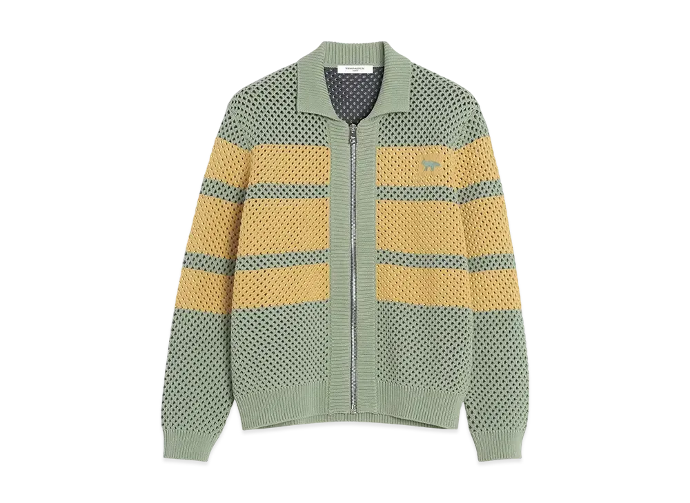 Maison Kitsune Stripe Mesh Knit Zip Blouson "Vert De Gris/Cork Stripes"