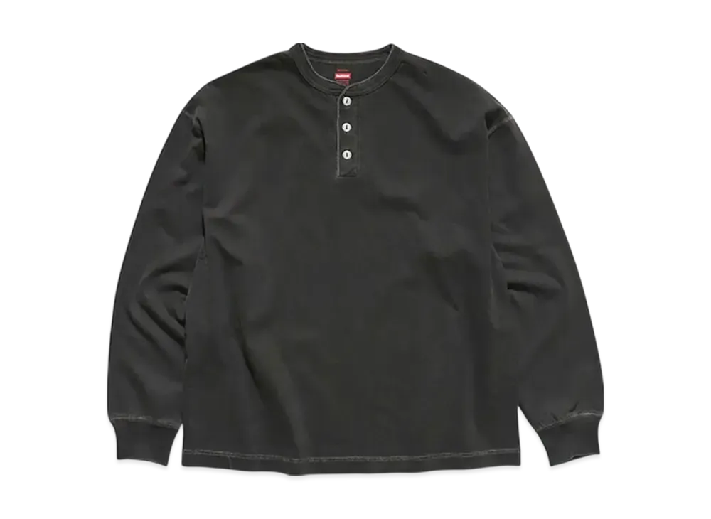Healthknit Henley Neck Garment Dye Long Sleeve T-shirt "Charcoal"