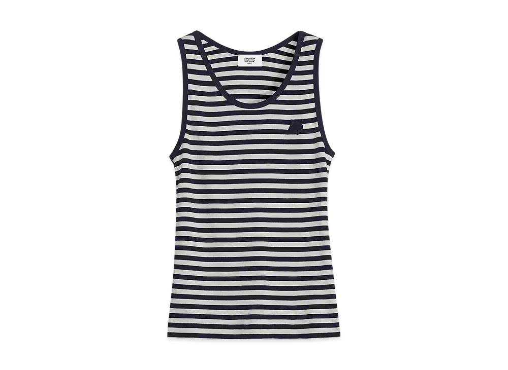 Maison Kitsune Bold Fox Head Patch Multi Stripe Rib Tank Top "Ink Blue/Milk"
