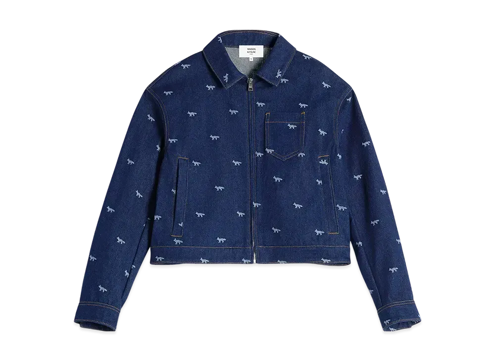 Maison Kitsune Zip Cropped Denim Jacket "Dark Laser Profile Fox"