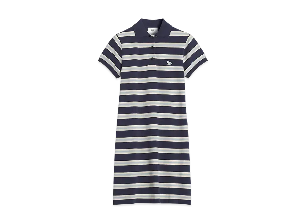 Maison Kitsune Baby Fox Patch Multi Stripe Polo Dress "Ink Blue/Hortensia/Marble"