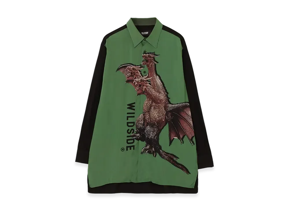 WILDSIDE Yohji Yamamoto x IZUMONSTER Rayon Graphic Shirt (King Ghidorah) "Green/Black"