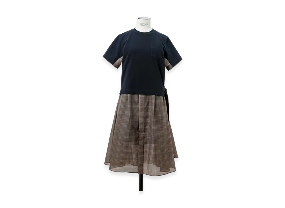 sacai Spun Organza x Cotton Jersey Dress "Brown Check"