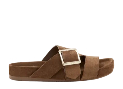 LOEWE Women's Ease Buckle Slide in Suede "Brown"