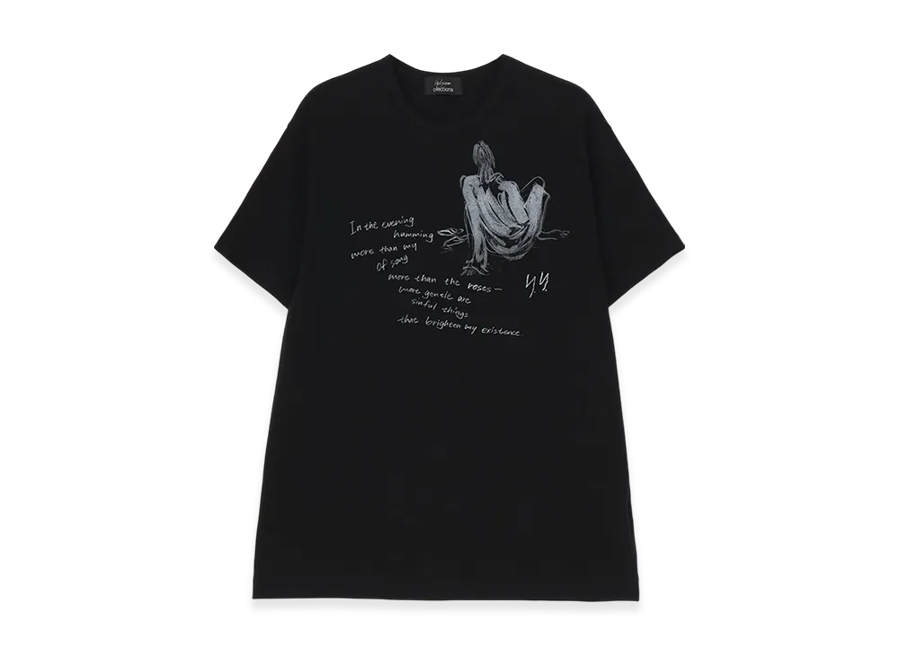 Yohji Yamamoto Combed Jersey Pigmented PT Short Slv Round Neck Print T "Black"