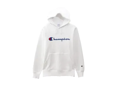 Champion Script Logo Print Hooded Sweatshirt "White"