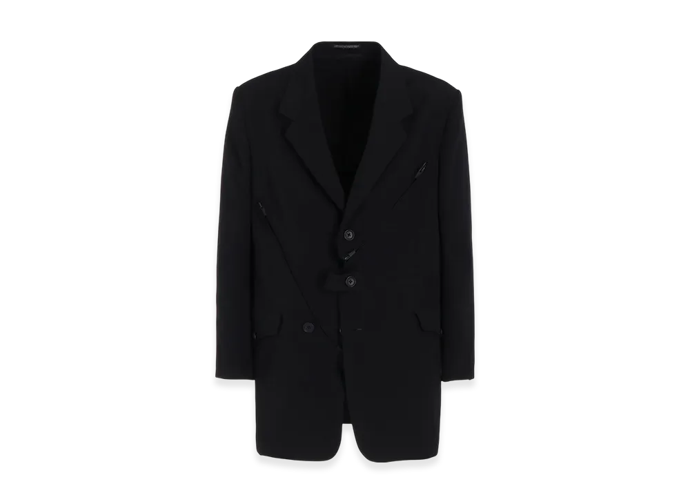 Yohji Yamamoto POUR HOMME Wool Gabardine Zip Detail Paneled Jacket "Black"