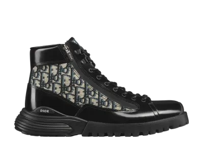 Dior Combat Short Boots Polished Calfskin & Dior Oblique Jacquard "Black/Beige"