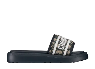 Dior Women's Dioriviera Dway Slide Dior Oblique Embroidered Cotton & Rubber "Deep Blue/White"