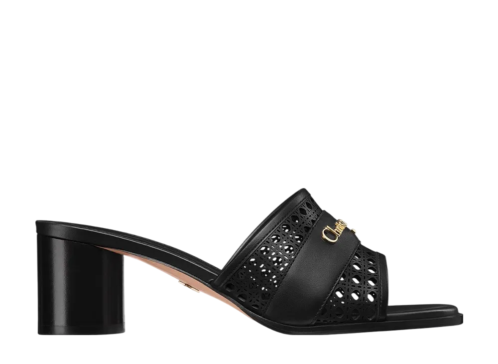 Dior Women's D-Lane Heeled Slide Openwork Microcannage Calfskin "Black"