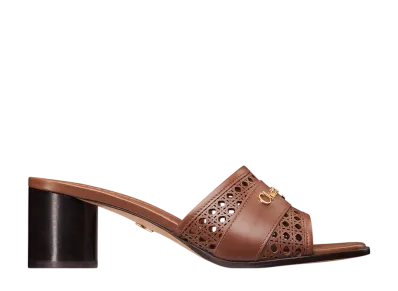 Dior Women's D-Lane Heeled Slide Openwork Microcannage Calfskin "Camel Brown"