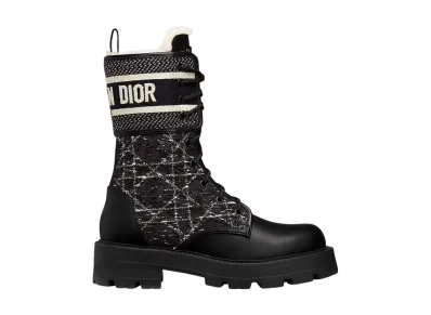 Dior Women's D-Major Short Boots Cannage Tweed Calfskin lambskin shearling "Black/White"