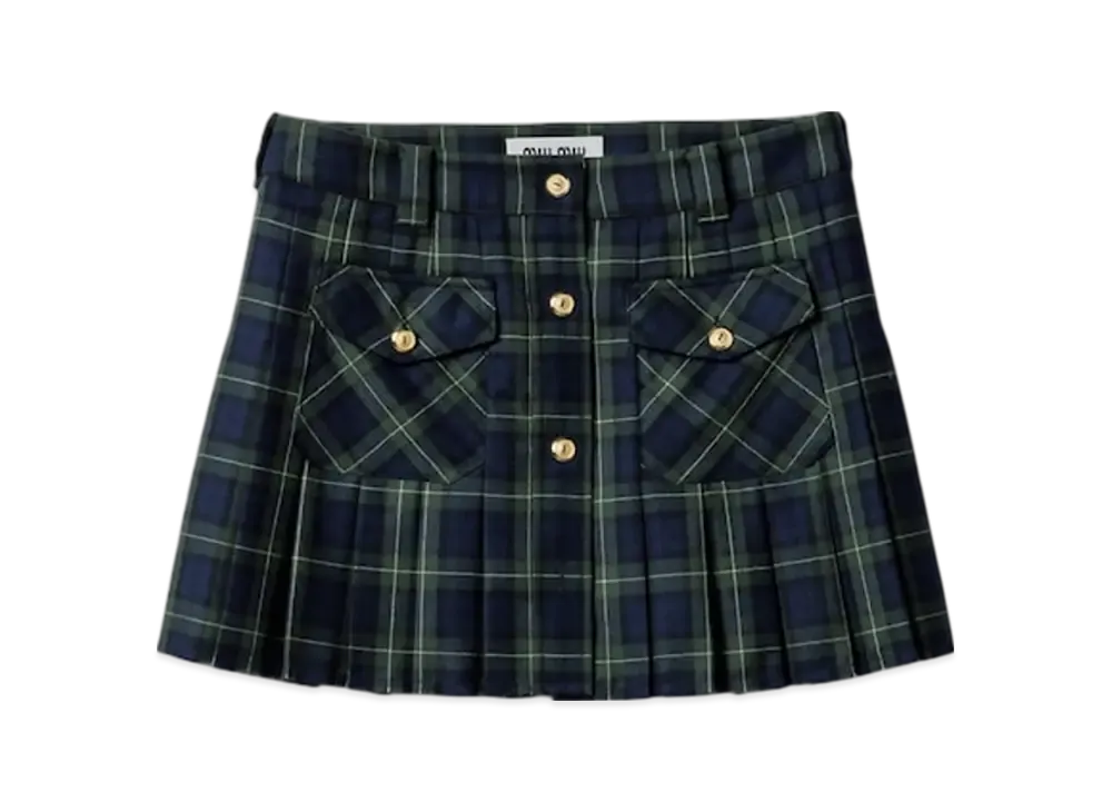 MIU MIU Women's Pleated Tartan Mini Skirt "Military Green"