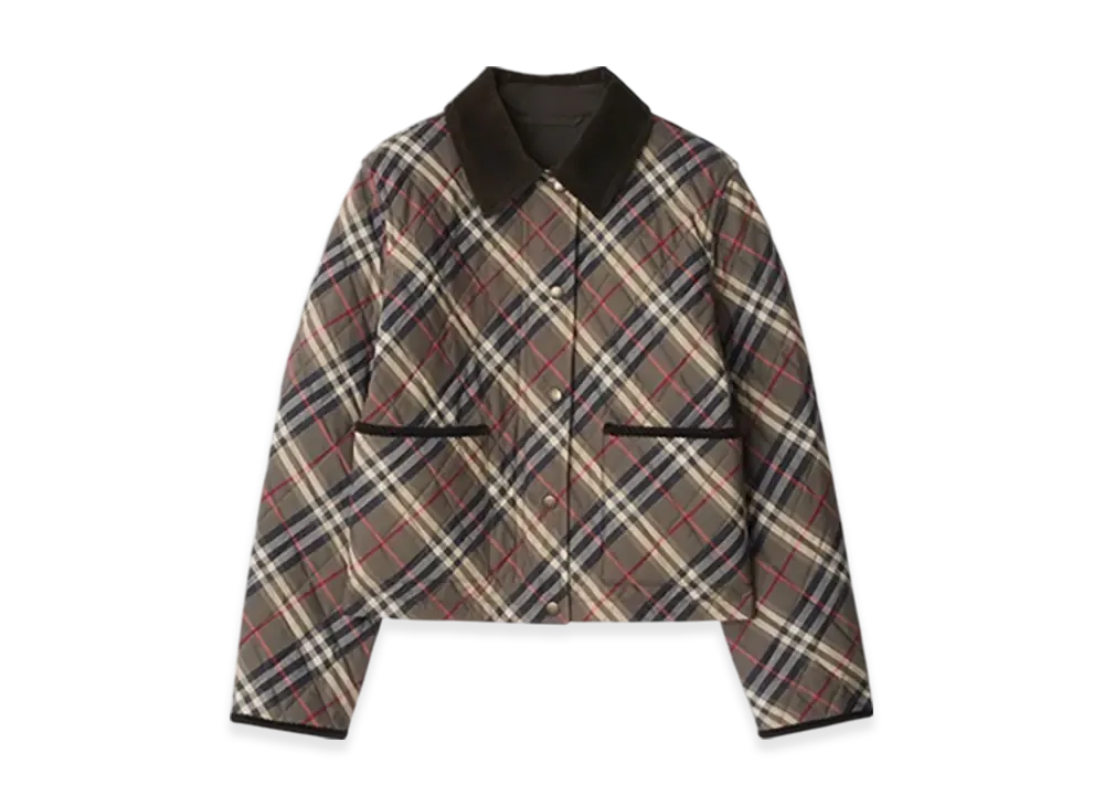 Burberry Cropped Check Quilting Cotton Jacket "Moss Brown/Ink Grey"