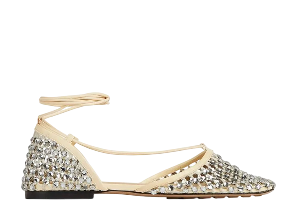 ボッテガヴェネタ ウィメンズ スパークル ストレッチ レースアップ フラットサンダル "トワール/クリスタル"