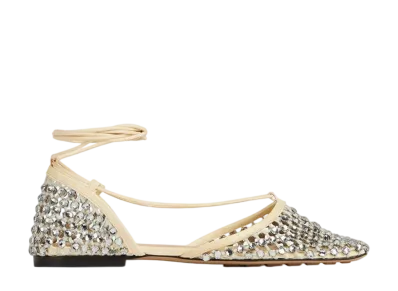 Bottega Veneta Women's Sparkle Stretch Lace Up Flat Sandal "Toile/Crystal"